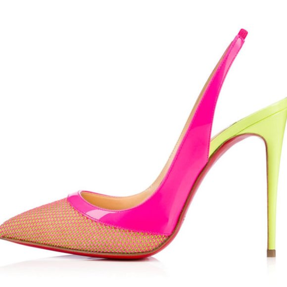 CHRISTIAN LOUBOUTIN Miluna Sling 100 Neon Patent Leather-Trimmed Raffia Pumps 39 - Picture 1 of 12